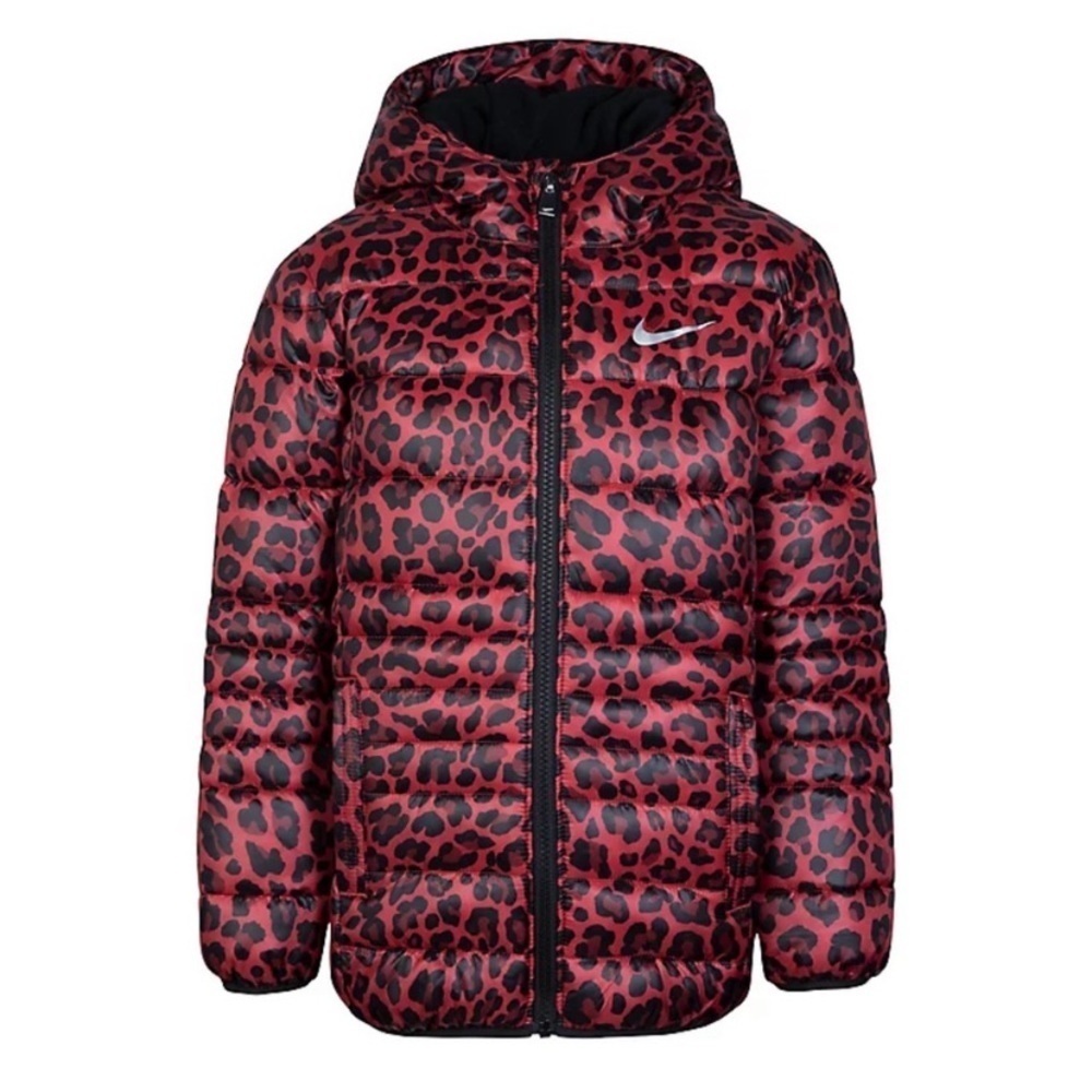 Nike Leopard Puffer Jacket NWT Sz 6 Pink Red Black Kids Girls Hooded Full Zip